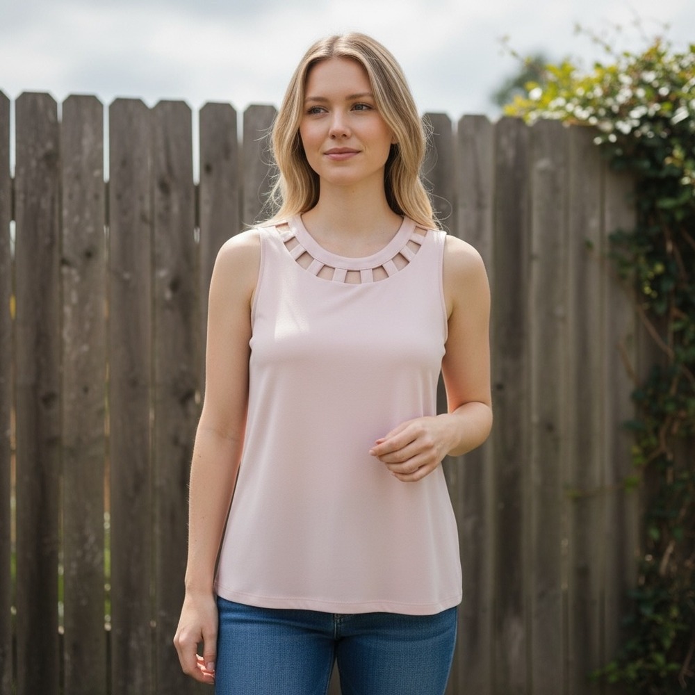 New York & Company Blush Pink Lattice Cutout Neckline Sleeveless‎ Blouse Medium